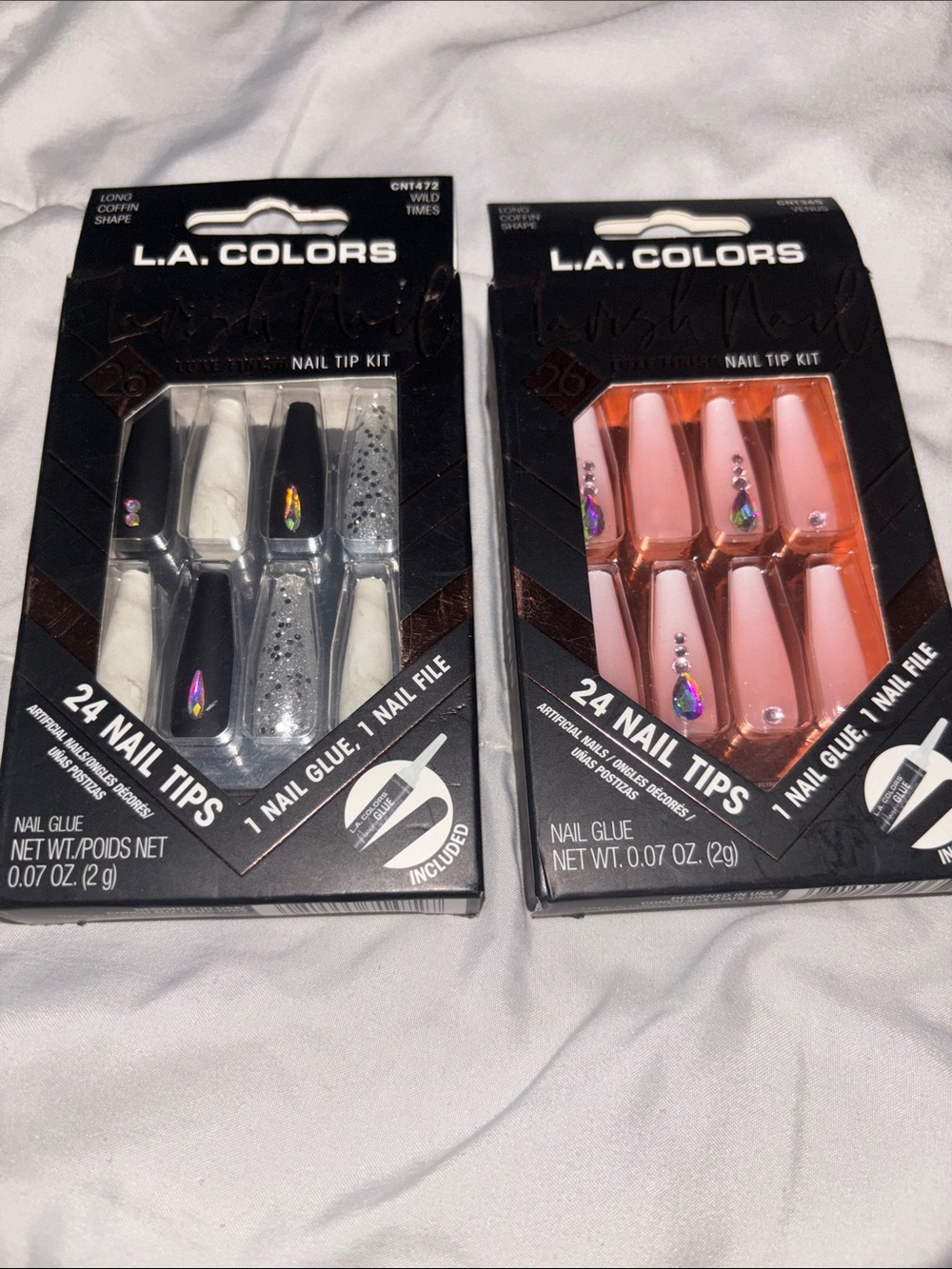 L.A. COLORS Black, White & Pink Glue-On Nail Tip Kits with Rhinestone Accents